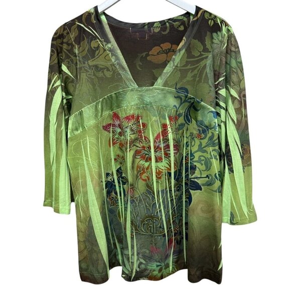 DRESSBARN Boho Top XL Green Print Tee 3/4 Sleeve St Patricks Day - Picture 1 of 8